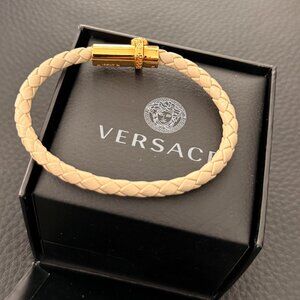 Versace Beige and Gold Braided Leather Bracelet